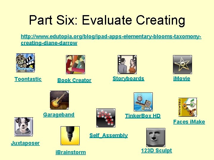 Part Six: Evaluate Creating http: //www. edutopia. org/blog/ipad-apps-elementary-blooms-taxomonycreating-diane-darrow Toontastic Book Creator Garageband Storyboards i.