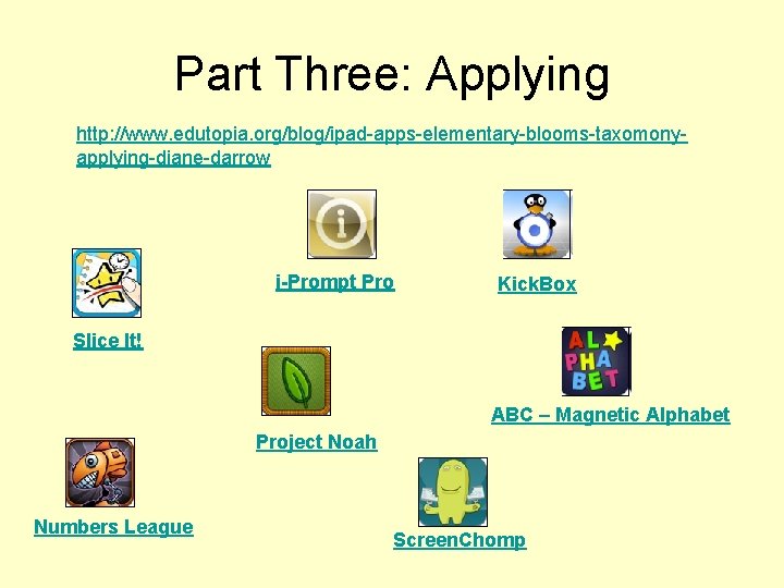 Part Three: Applying http: //www. edutopia. org/blog/ipad-apps-elementary-blooms-taxomonyapplying-diane-darrow i-Prompt Pro Kick. Box Slice It! ABC