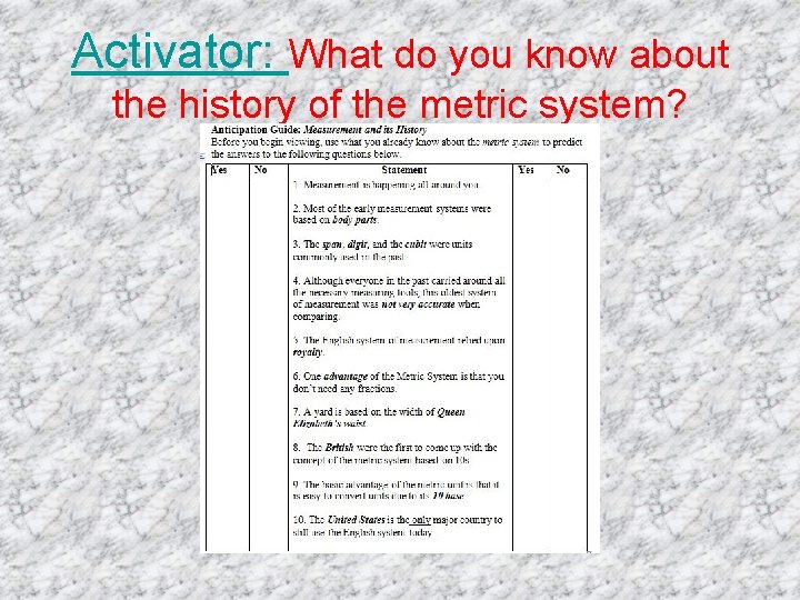 Activator: What do you know about the history of the metric system? Activator: What do you know about the history of the metric system?