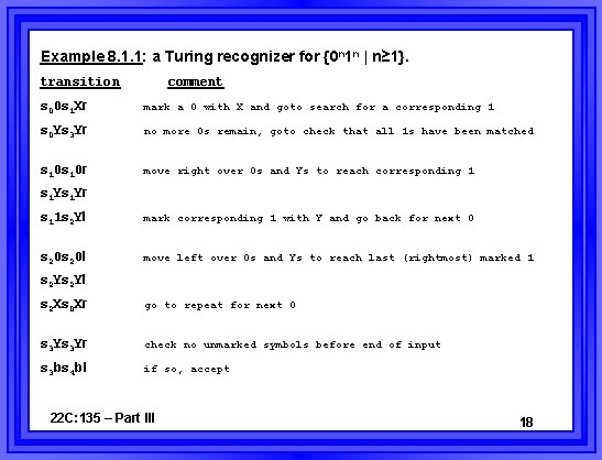 Example 8. 1. 1: a Turing recognizer for {0 n 1 n | n≥