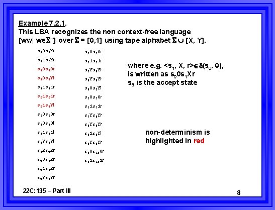 Example 7. 2. 1. This LBA recognizes the non context-free language {ww| w +}