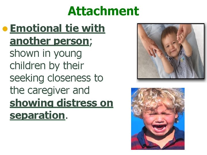 Attachment l Emotional tie with another person; shown in young children by their seeking