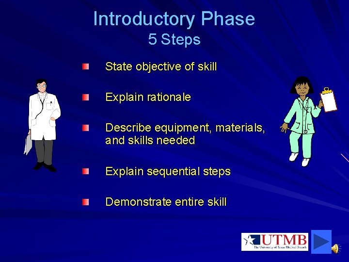 Introductory Phase 5 Steps State objective of skill Explain rationale Describe equipment, materials, and