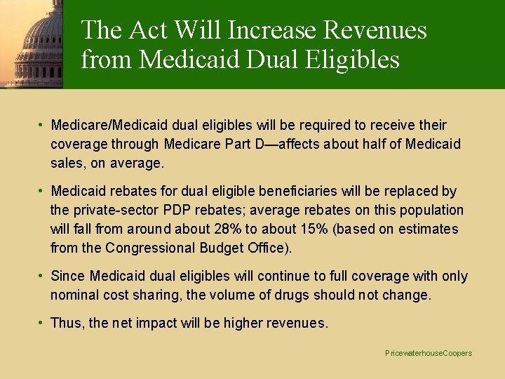 The Act Will Increase Revenues from Medicaid Dual Eligibles • Medicare/Medicaid dual eligibles will The Act Will Increase Revenues from Medicaid Dual Eligibles • Medicare/Medicaid dual eligibles will