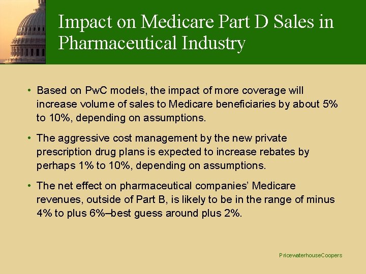 Impact on Medicare Part D Sales in Pharmaceutical Industry • Based on Pw. C Impact on Medicare Part D Sales in Pharmaceutical Industry • Based on Pw. C