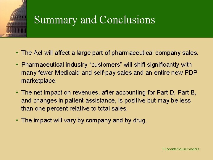 Summary and Conclusions • The Act will affect a large part of pharmaceutical company Summary and Conclusions • The Act will affect a large part of pharmaceutical company