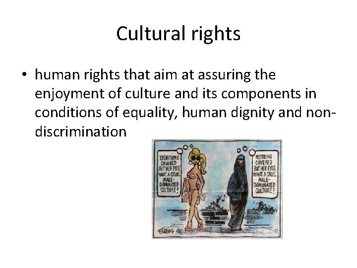 Cultural rights • human rights that aim at assuring the enjoyment of culture and