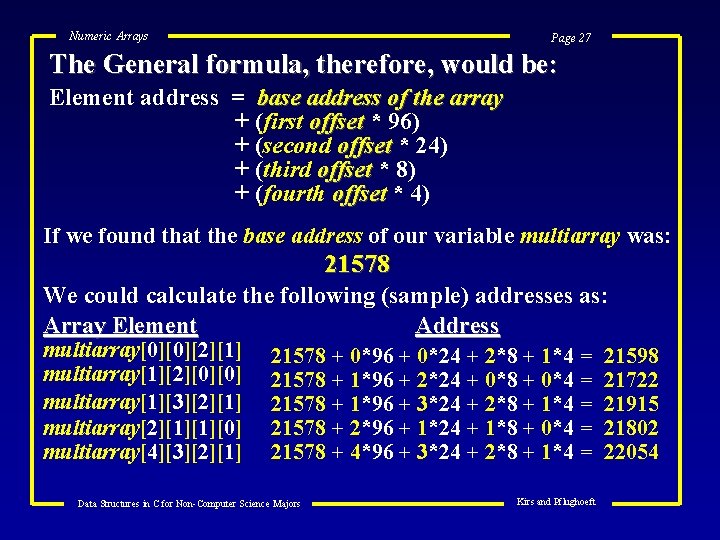 Numeric Arrays Page 27 The General formula, therefore, would be: Element address = base