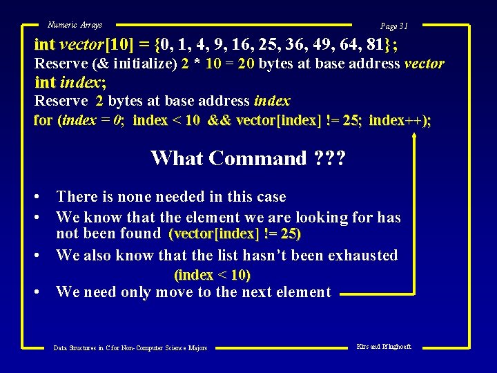 Numeric Arrays Page 31 int vector[10] = {0, 1, 4, 9, 16, 25, 36,