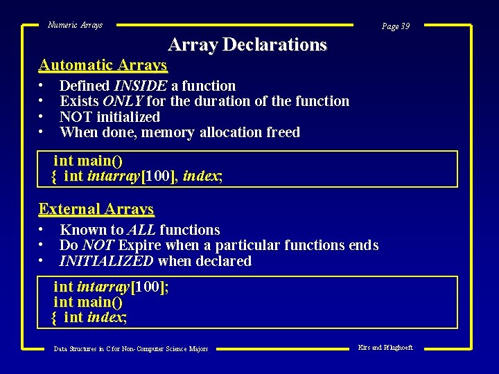 Numeric Arrays Page 39 Array Declarations Automatic Arrays • • Defined INSIDE a function