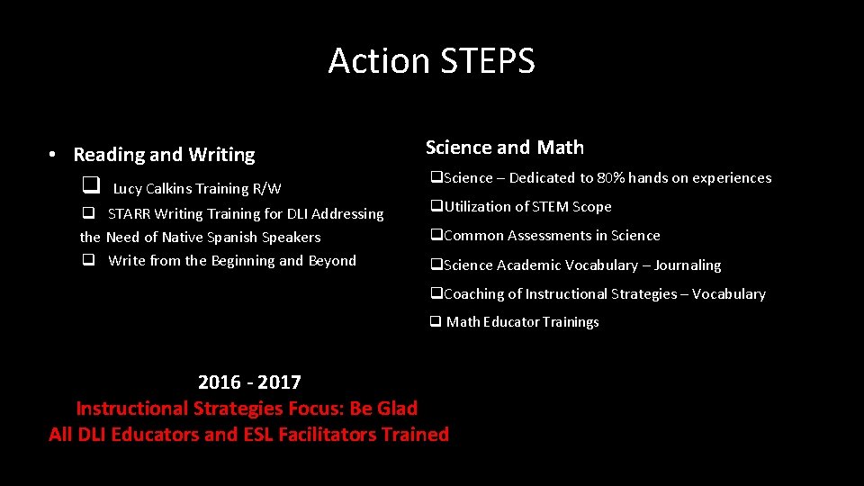 Action STEPS • Reading and Writing q Lucy Calkins Training R/W q STARR Writing