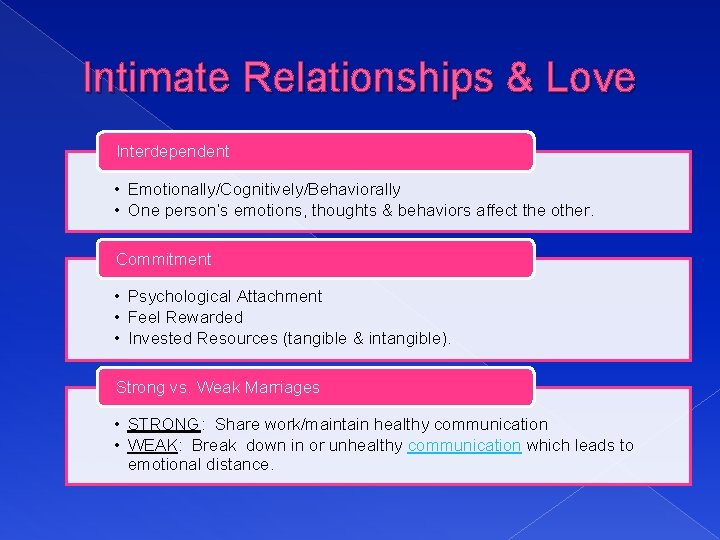Intimate Relationships & Love Interdependent • Emotionally/Cognitively/Behaviorally • One person’s emotions, thoughts & behaviors