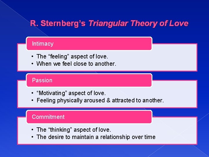 R. Sternberg’s Triangular Theory of Love Intimacy • The “feeling” aspect of love. •