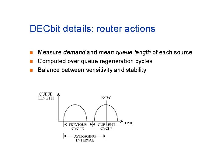 DECbit details: router actions n n n Measure demand mean queue length of each