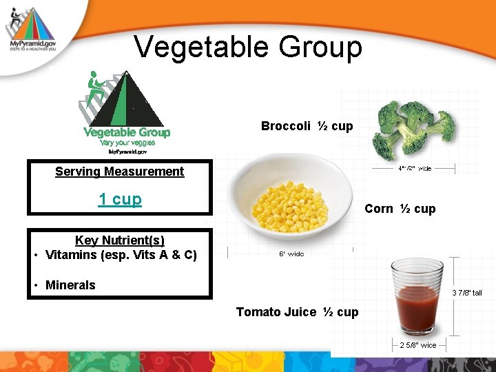 Vegetable Group Broccoli ½ cup Serving Measurement 1 cup Corn ½ cup Key Nutrient(s)