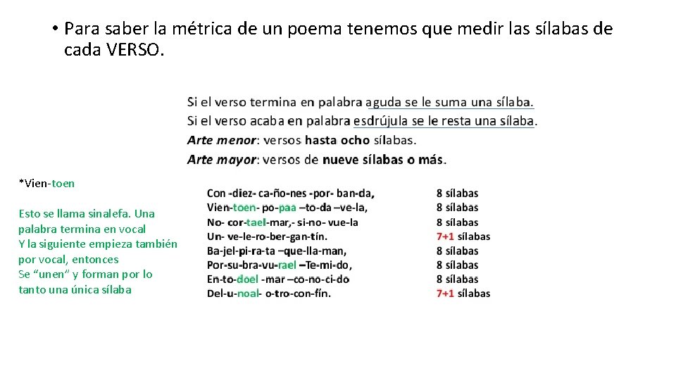  • Para saber la métrica de un poema tenemos que medir las sílabas