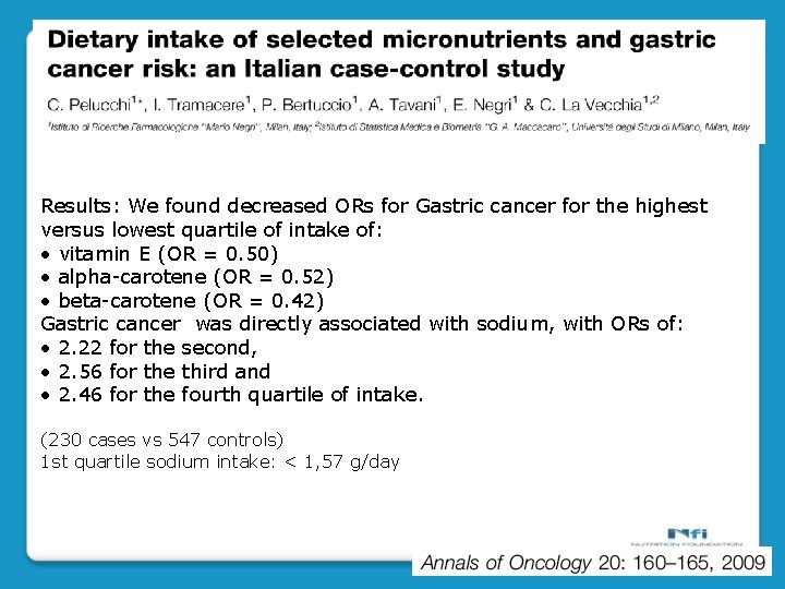 Results: We found decreased ORs for Gastric cancer for the highest versus lowest quartile