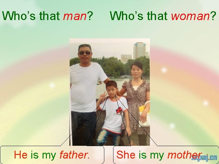 Who’s that man? He is my father. Who’s that woman? She is my mother.