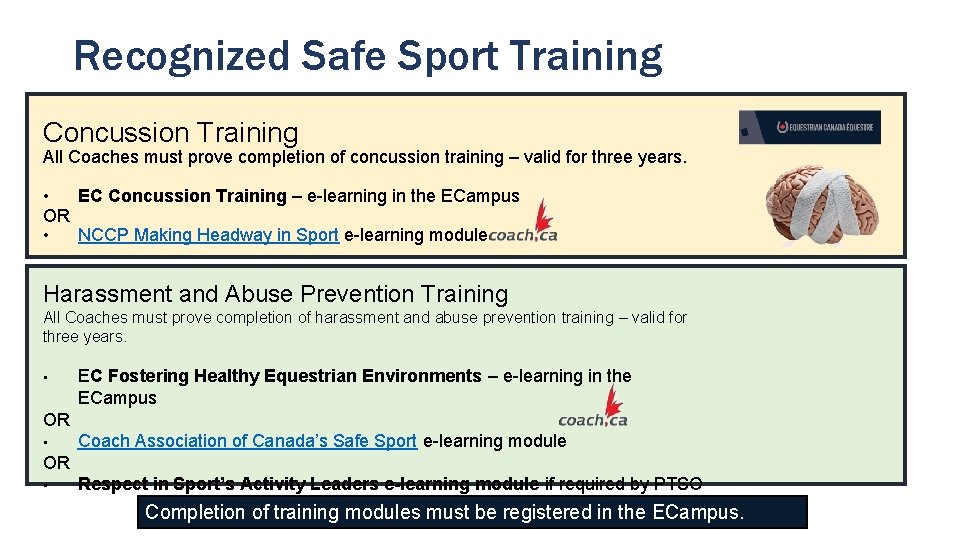 Recognized Safe Sport Training Concussion Training All Coaches must prove completion of concussion training