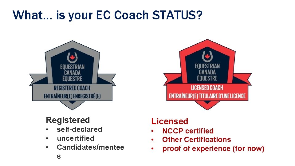 What… is your EC Coach STATUS? Registered • • • self-declared uncertified Candidates/mentee s