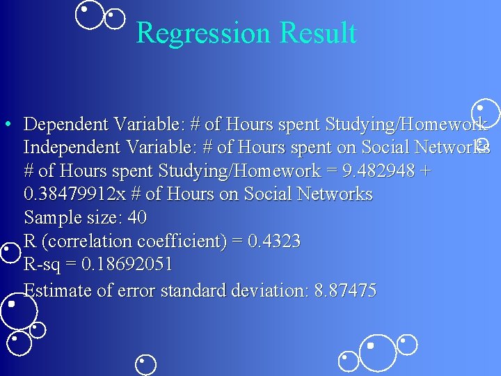 Regression Result • Dependent Variable: # of Hours spent Studying/Homework Independent Variable: # of