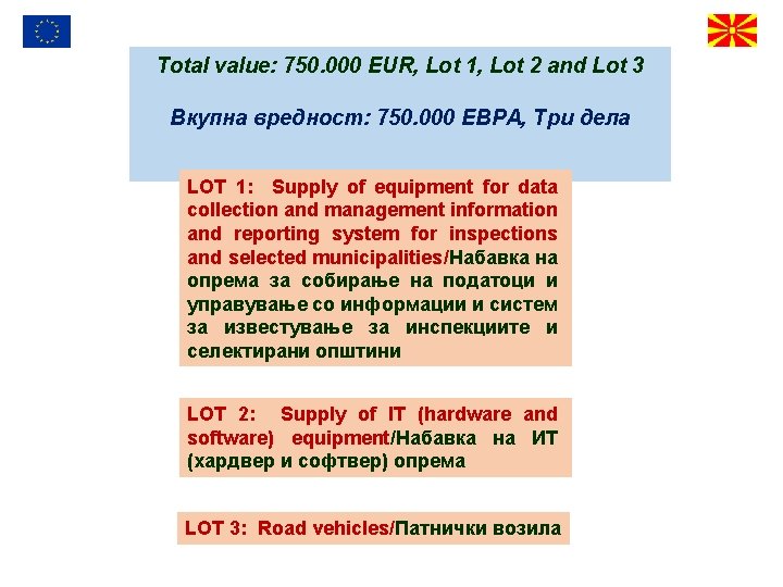 Total value: 750. 000 EUR, Lot 1, Lot 2 and Lot 3 Вкупна вредност: