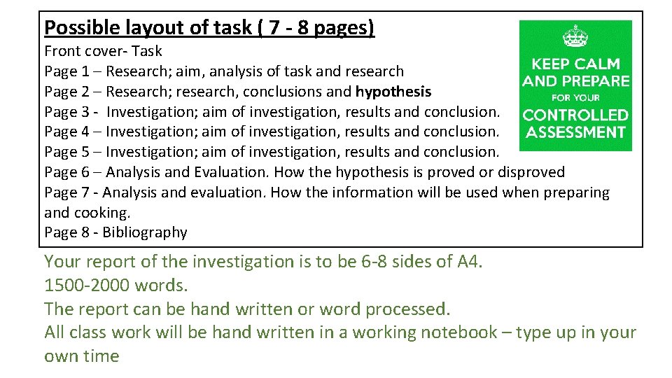 Possible layout of task ( 7 - 8 pages) Front cover- Task Page 1