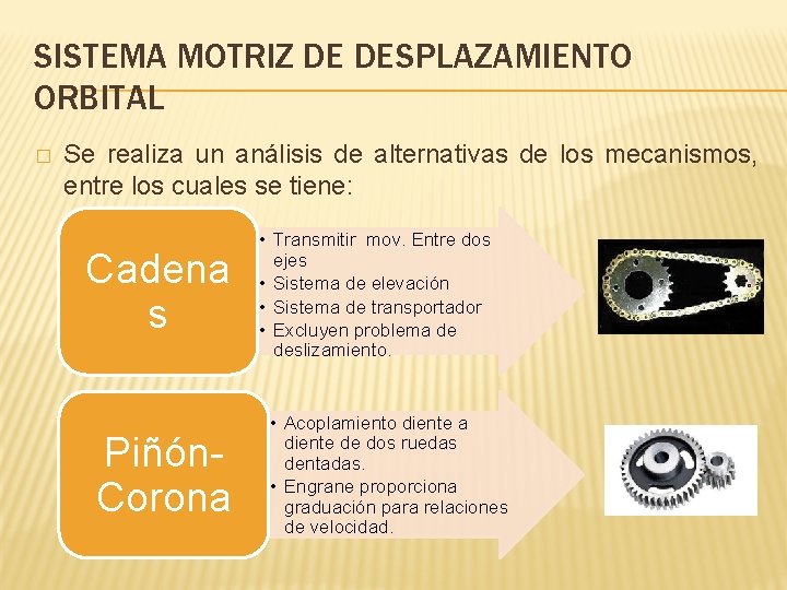 SISTEMA MOTRIZ DE DESPLAZAMIENTO ORBITAL � Se realiza un análisis de alternativas de los