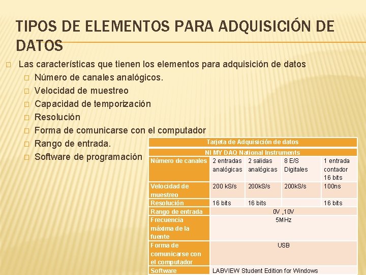 TIPOS DE ELEMENTOS PARA ADQUISICIÓN DE DATOS � Las características que tienen los elementos