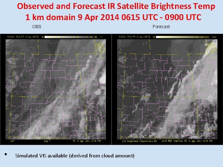 Observed and Forecast IR Satellite Brightness Temp 1 km domain 9 Apr 2014 0615