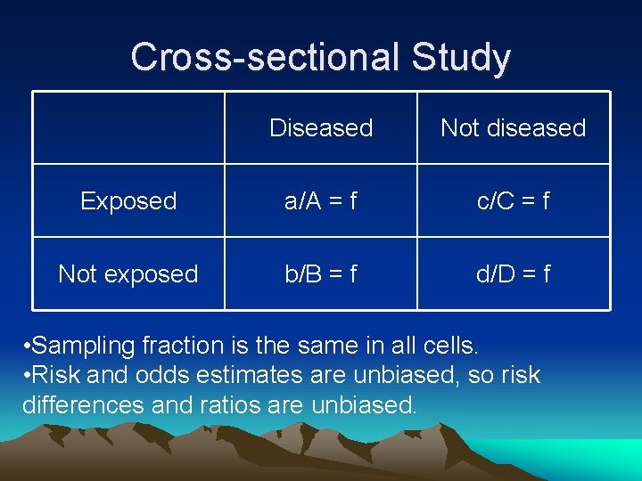 Cross-sectional Study Diseased Not diseased Exposed a/A = f c/C = f Not exposed
