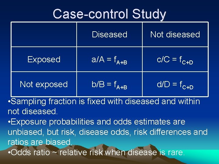 Case-control Study Diseased Not diseased Exposed a/A = f. A+B c/C = f. C+D