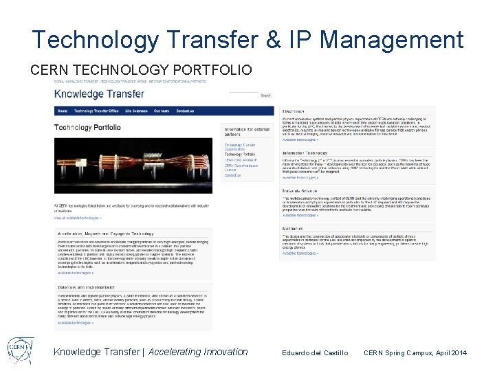 Technology Transfer & IP Management CERN TECHNOLOGY PORTFOLIO Knowledge Transfer | Accelerating Innovation Eduardo