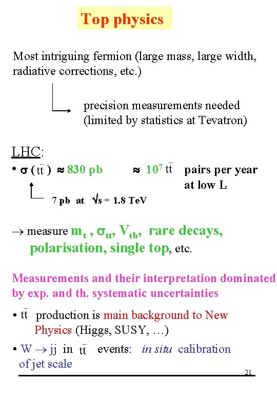 Top physics Most intriguing fermion (large mass, large width, radiative corrections, etc. ) precision