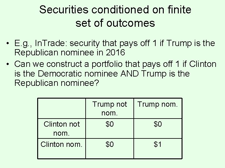Securities conditioned on finite set of outcomes • E. g. , In. Trade: security