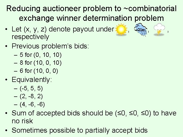 Reducing auctioneer problem to ~combinatorial exchange winner determination problem • Let (x, y, z)