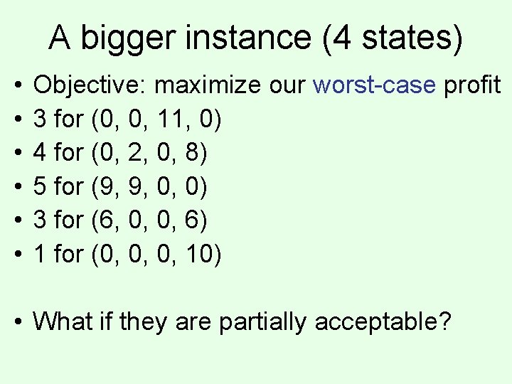 A bigger instance (4 states) • • • Objective: maximize our worst-case profit 3