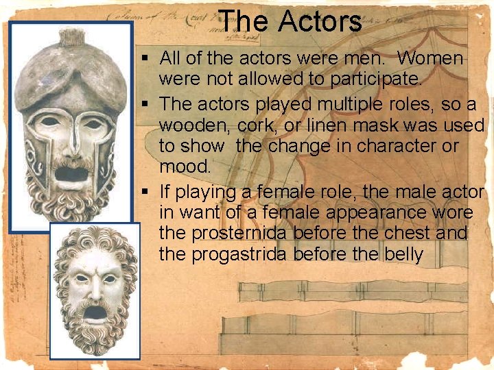 The Actors § All of the actors were men. Women were not allowed to