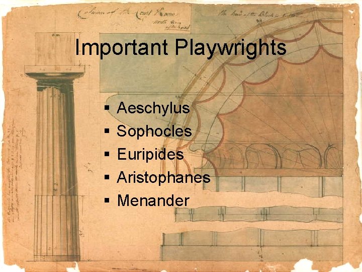 Important Playwrights § § § Aeschylus Sophocles Euripides Aristophanes Menander 