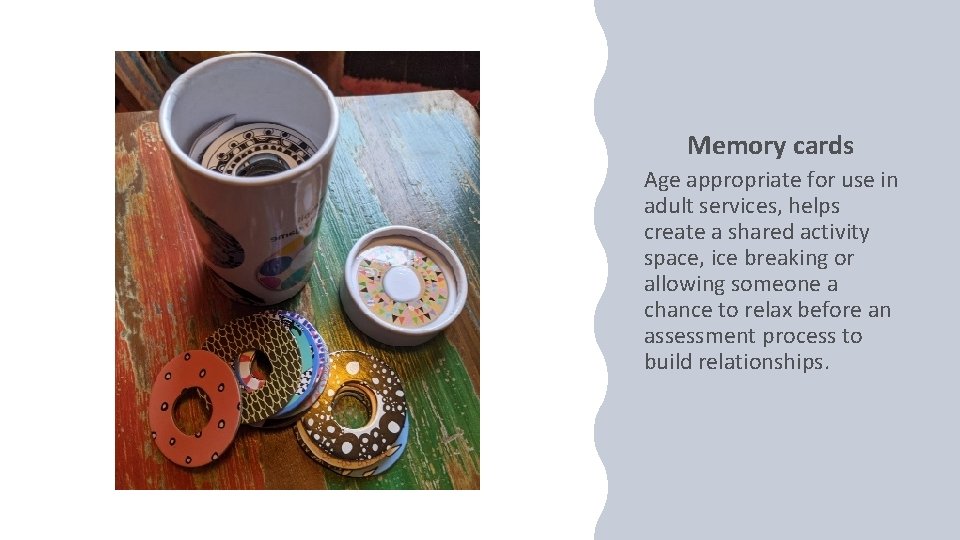 Memory cards Age appropriate for use in adult services, helps create a shared activity