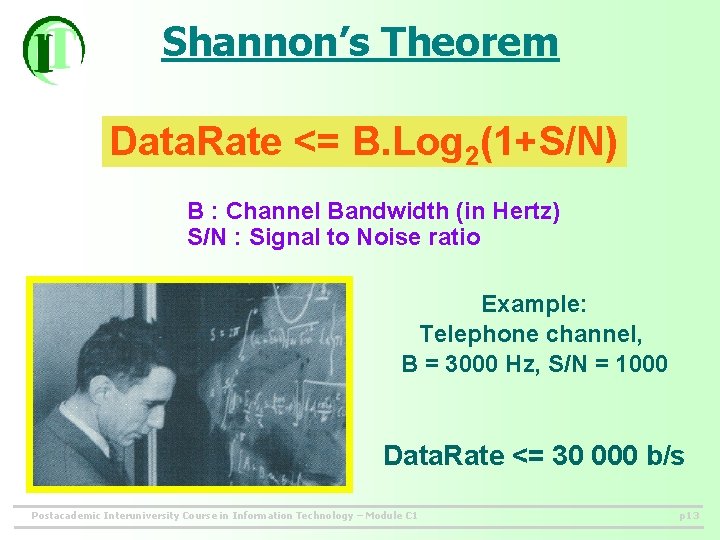 Shannon’s Theorem Data. Rate <= B. Log 2(1+S/N) B : Channel Bandwidth (in Hertz)