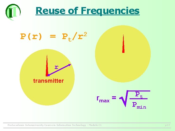 Reuse of Frequencies P(r) = Pt/r 2 r transmitter rmax = Postacademic Interuniversity Course