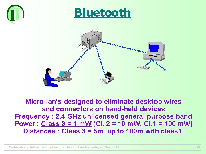 Bluetooth Micro-lan’s designed to eliminate desktop wires and connectors on hand-held devices Frequency :