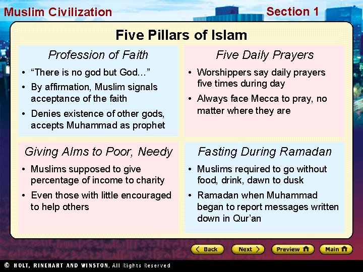 Section 1 Muslim. Civilization Five Pillars of Islam Profession of Faith • “There is