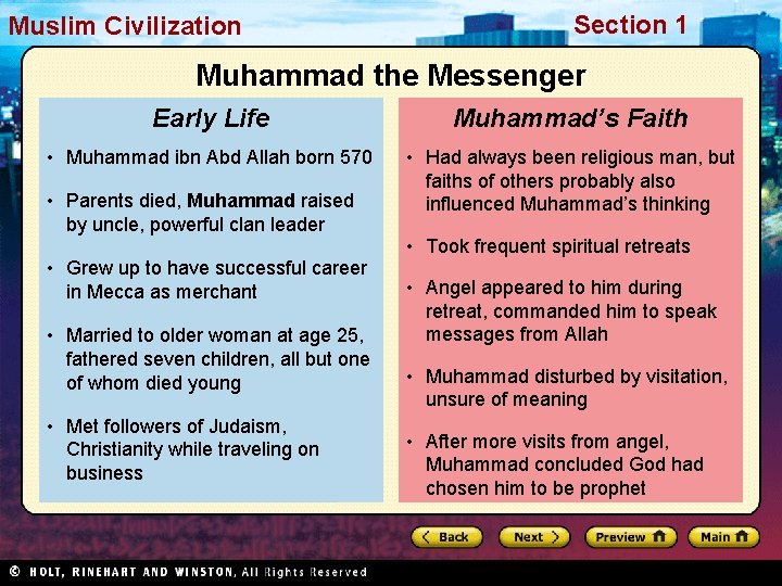 Muslim. Civilization Section 1 Muhammad the Messenger Early Life Muhammad’s Faith • Muhammad ibn