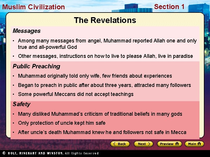 Section 1 Muslim. Civilization The Revelations Messages • Among many messages from angel, Muhammad