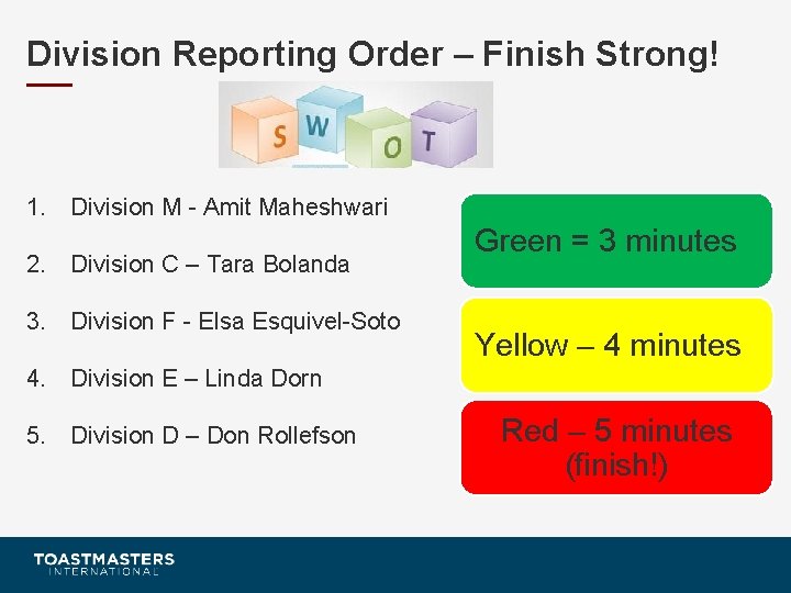 Division Reporting Order – Finish Strong! 1. Division M - Amit Maheshwari 2. Division