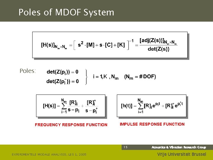 Poles of MDOF System Poles: FREQUENCY RESPONSE FUNCTION IMPULSE RESPONSE FUNCTION 15 EXPERIMENTELE MODALE