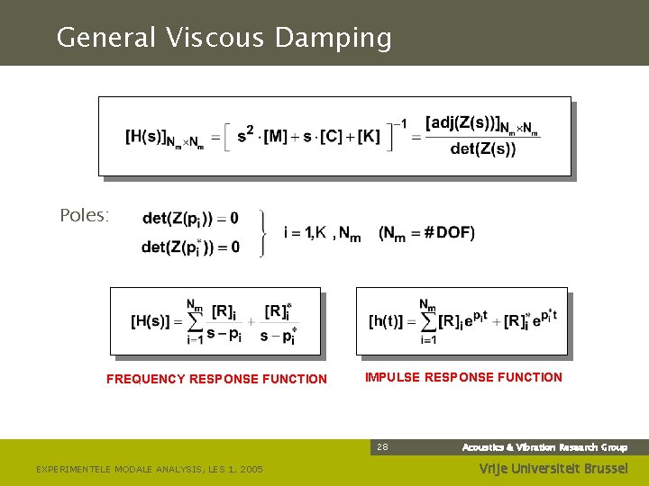 General Viscous Damping Poles: FREQUENCY RESPONSE FUNCTION IMPULSE RESPONSE FUNCTION 28 EXPERIMENTELE MODALE ANALYSIS,