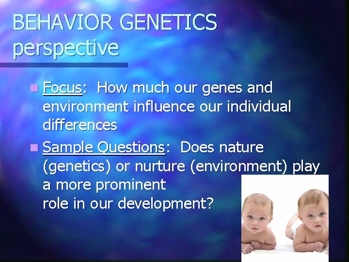 BEHAVIOR GENETICS perspective n Focus: How much our genes and environment influence our individual